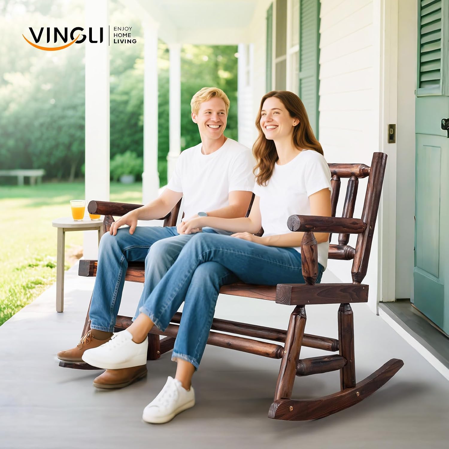 VINGLI Fir Wood Double Rocking Chair for Porch & Garden - 550lb Capacity Weather-Resistant Outdoor Glider Bench with High Backrest, Patio Rocker for Couples Backyard, Deck, Rustic