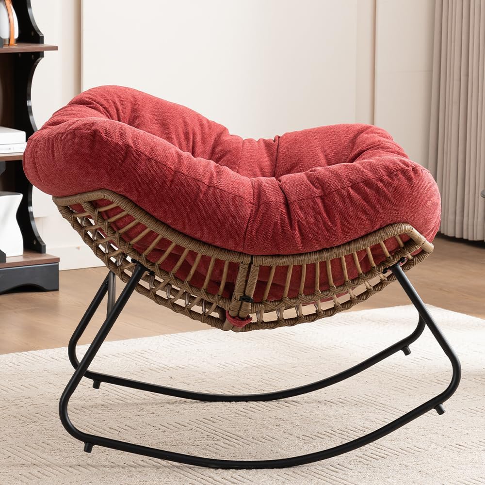 Outdoor Papasan Chair, Oversized Rocking Chair with Cushion and Metal Frame, Patio Lounge Rocking Chair for Balcony Backyard Porch Bedroom Living Room (Red)