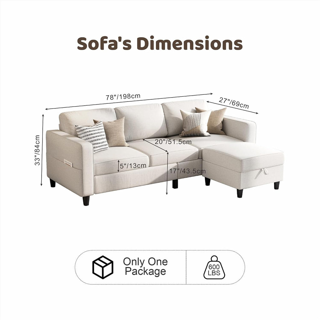 Grzyhem Sectional Sofas Couches for Living Room 78' L-Shaped Couch - Modern Linen Beige Sofa with Storage Ottoman USB for Apartments, Studios & Home Offices, Small Space
