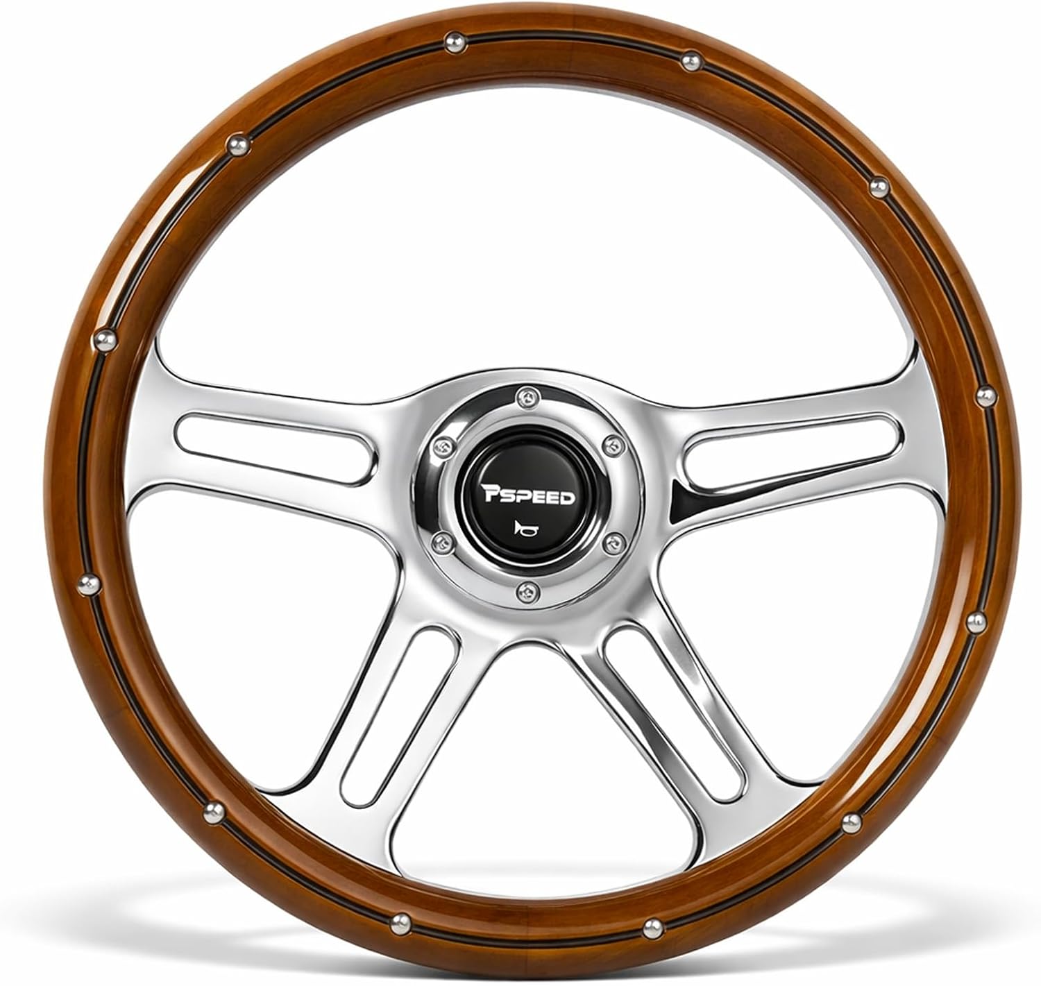 14 inch Mahogany Solid Wood Steering Wheel 6 Bolt 4 Spoke Chrome Aluminum | Vintage Real Wood Grain Steering Wheel with Horn Button for Vintage Car for Racing for Classic Car boat steering wheel