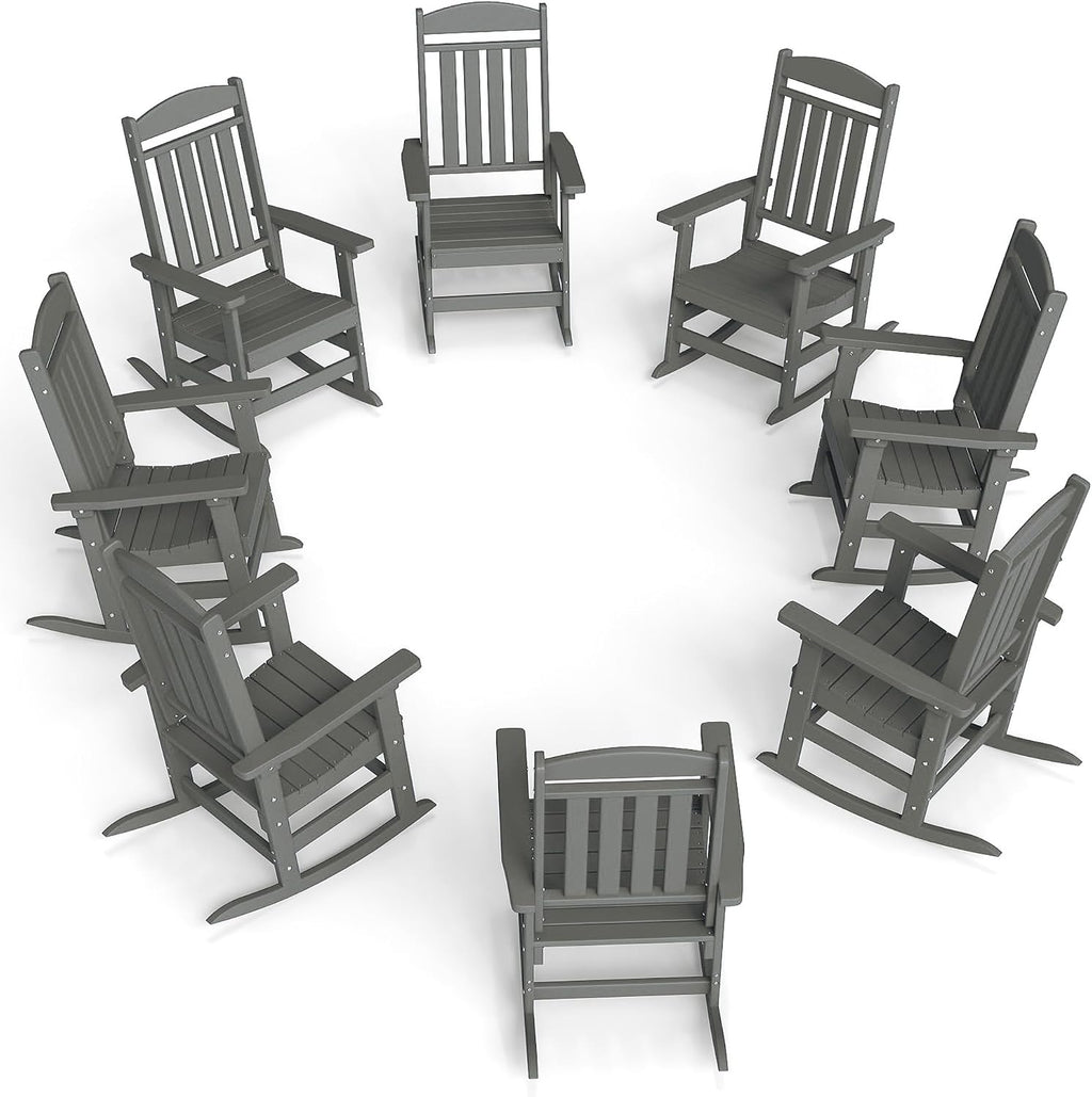 FOOWIN Outdoor Rocking Chair Set of 8, High Back Patio Rocking Chair, HDPE All Weather Resistant Porch Rocker for Adult, Oversized Rocking Chairs for Garden, Lawn, Indoor & Outdoor Use, Grey