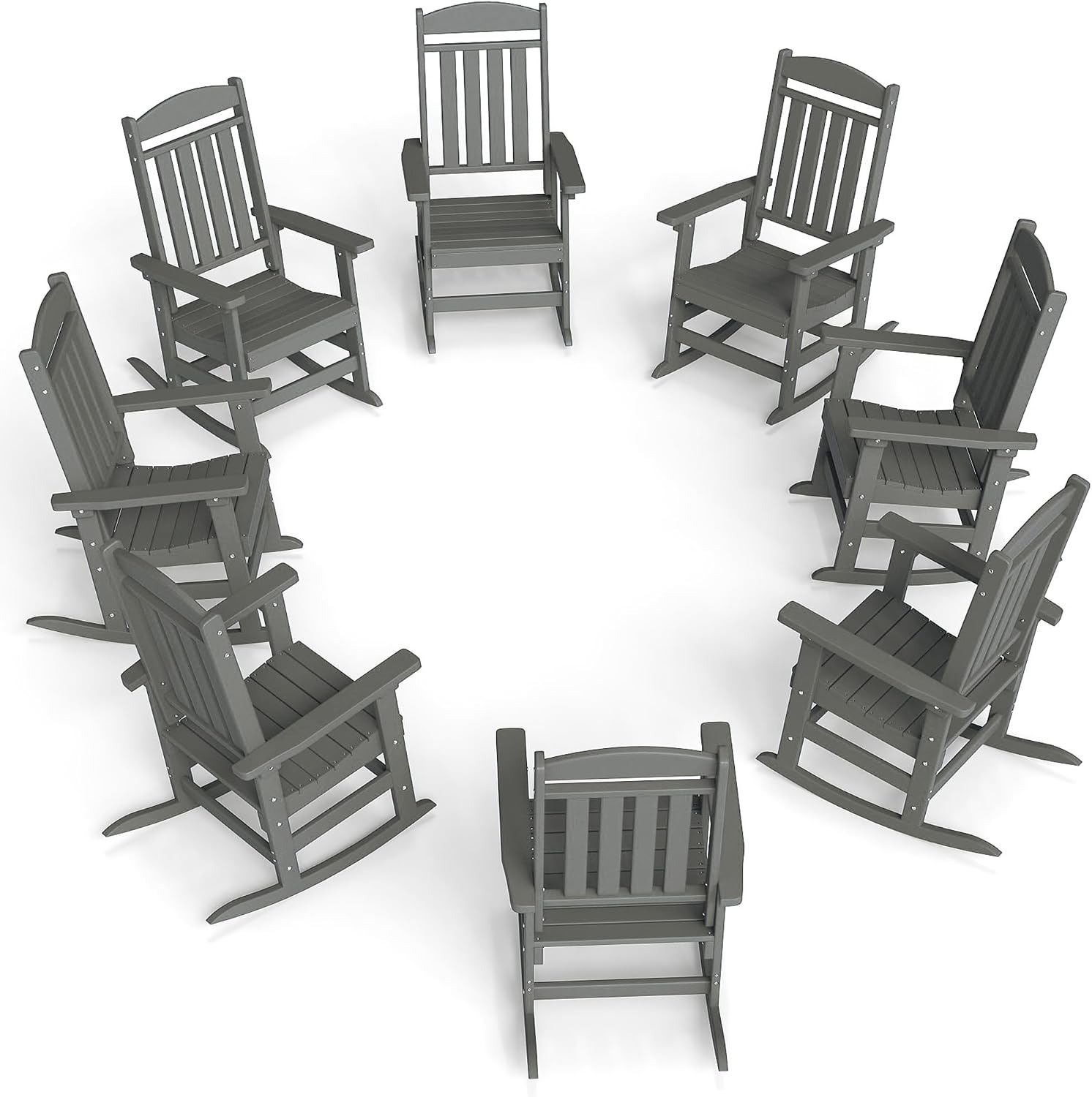 FOOWIN Outdoor Rocking Chair Set of 8, High Back Patio Rocking Chair, HDPE All Weather Resistant Porch Rocker for Adult, Oversized Rocking Chairs for Garden, Lawn, Indoor & Outdoor Use, Grey