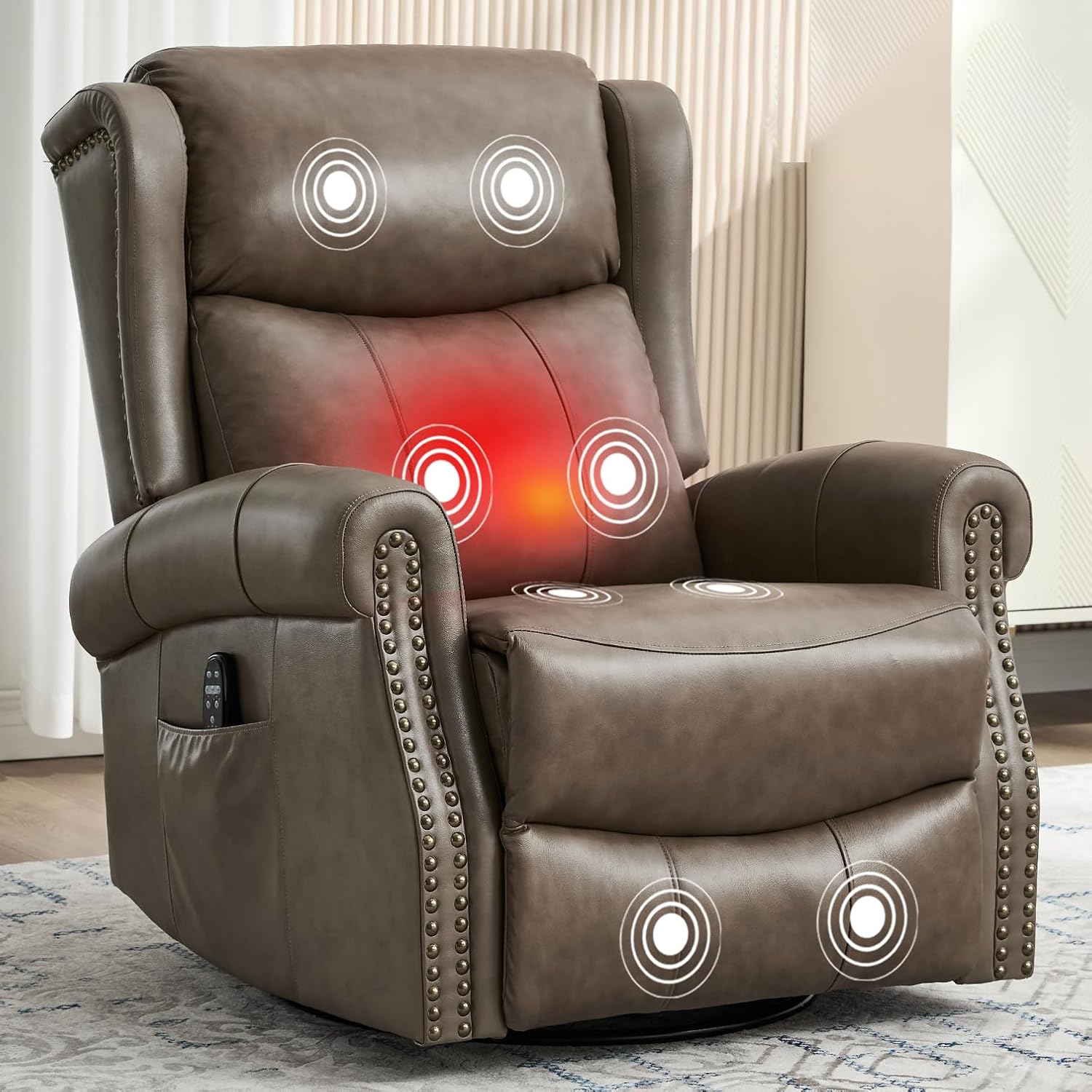360° Swivel Glider Chair for Nursery, Wingback Genuine Leather Rocking Recliner with Lumbar Heat & Massage, 8-Point Vibration Massage for Living Room Bedroom