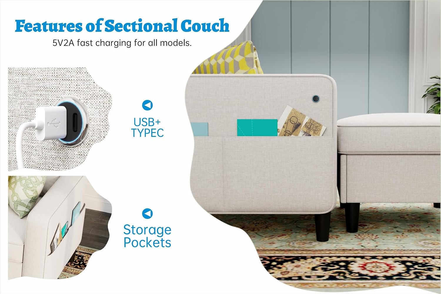 Grzyhem Sectional Sofas Couches for Living Room 78' L-Shaped Couch - Modern Linen Beige Sofa with Storage Ottoman USB for Apartments, Studios & Home Offices, Small Space