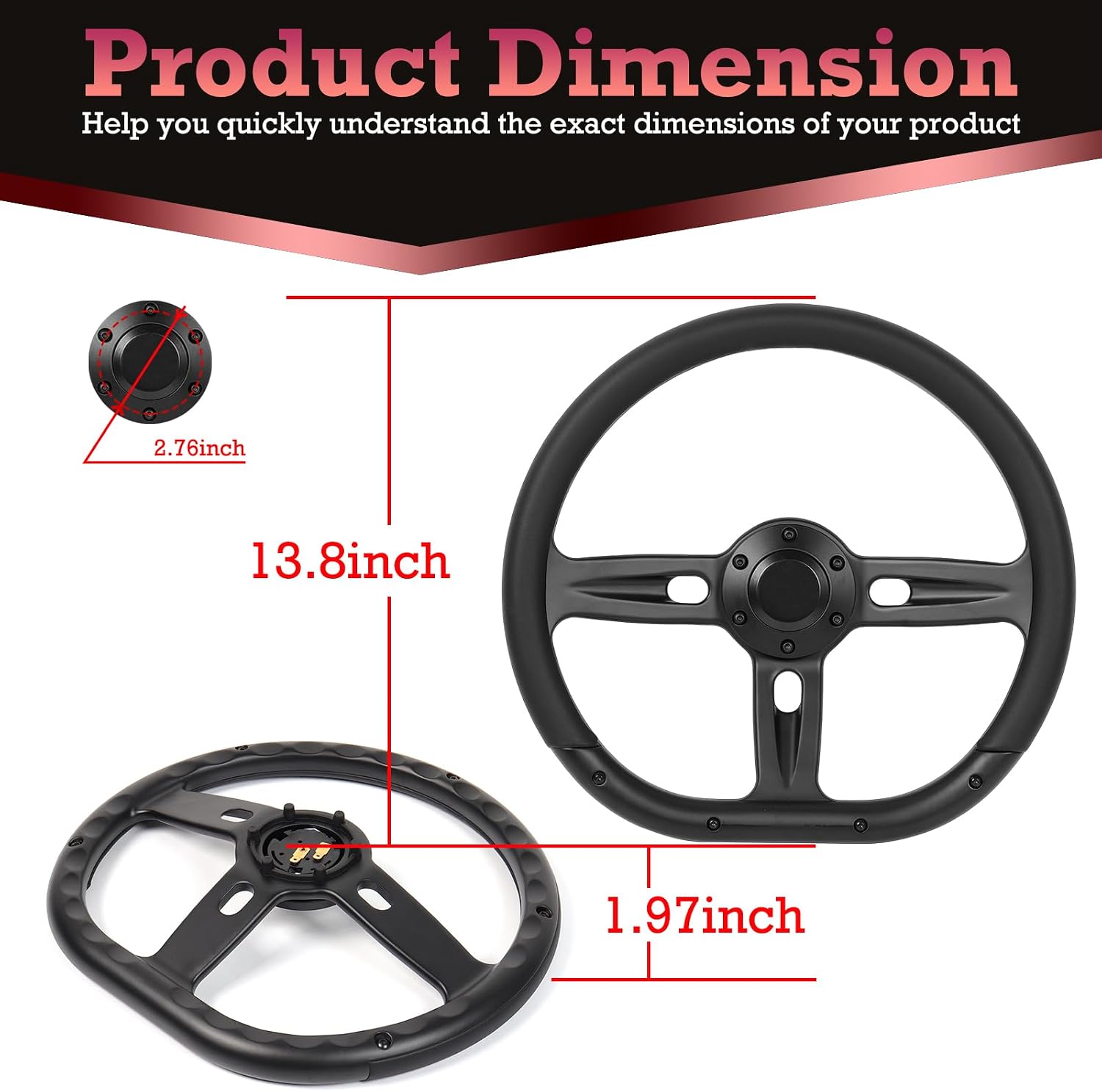 Universal 350mm 14 Inch D-Shape Steering Wheel –Black Microfiber Leather Grip,Aluminum Alloy Matte Black Spokes,6 Bolt 3 Spokes Deep Dish 50mm,Fit for Racing, Cars,Golf Carts Steering Wheel