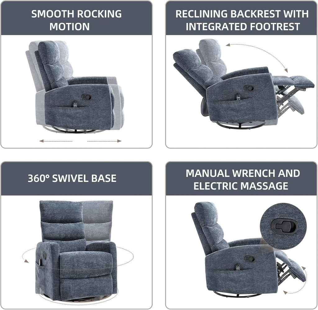 PELUMY 360° Swivel Rocker Recliner with Heat & Vibration Massage, Glider Rocking Chair for Adults, Compact Recliner for Living Room, Small Spaces, Nursery, Bedroom (Chenille, Blue)