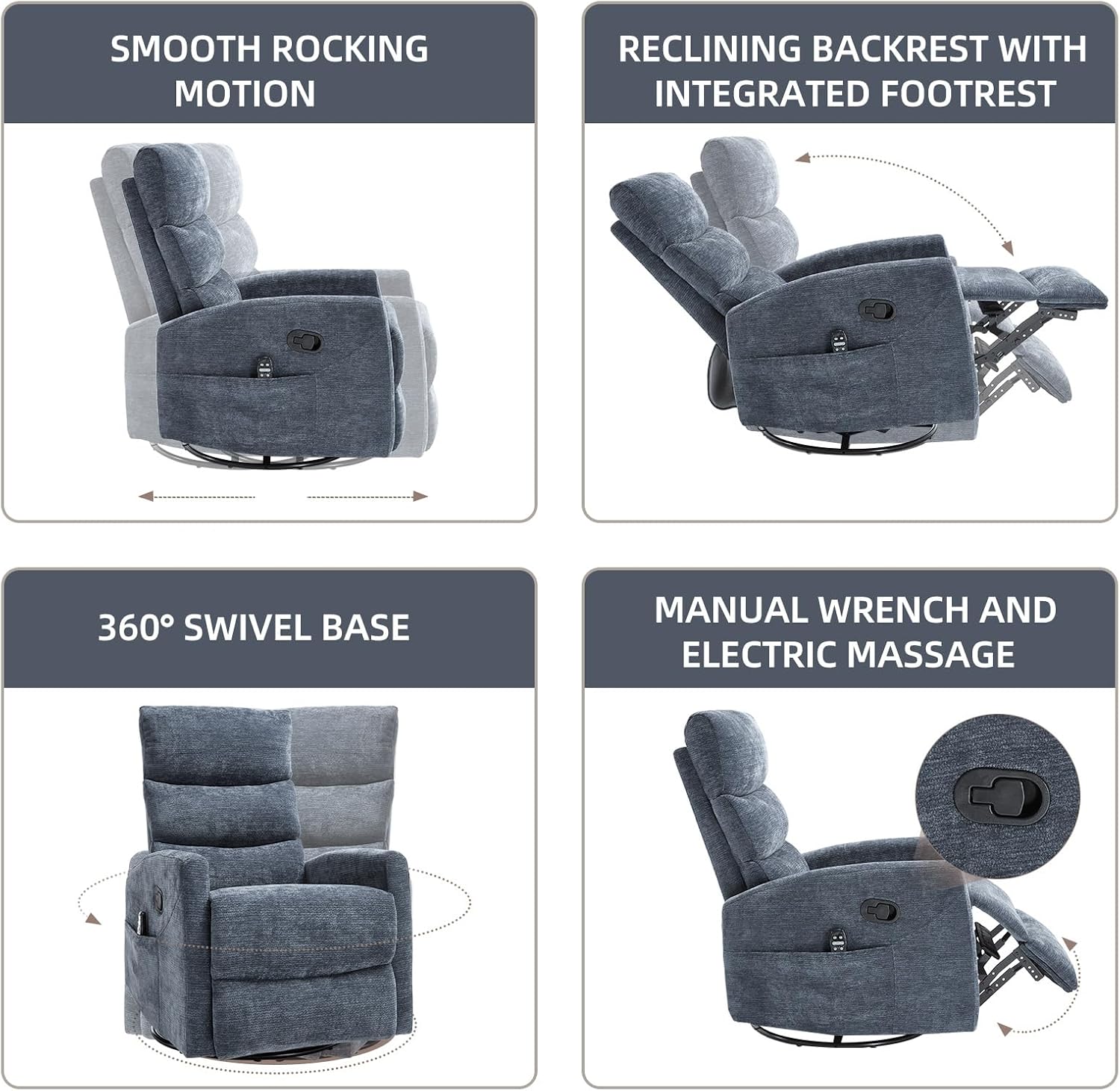 PELUMY 360° Swivel Rocker Recliner with Heat & Vibration Massage, Glider Rocking Chair for Adults, Compact Recliner for Living Room, Small Spaces, Nursery, Bedroom (Chenille, Blue)