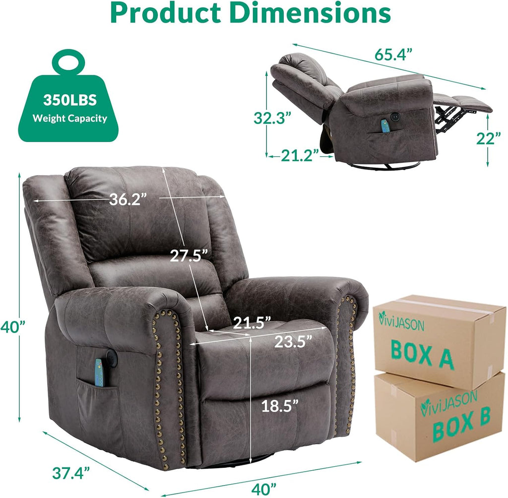 VIVIJASON Massage Swivel Rocker Recliner Chair with Heat & Vibration, 360° Swivel Manual Glider Rocking Reclining Chair with Remote Control, Side Pockets & USB Ports for Living Room, Smoky Gray