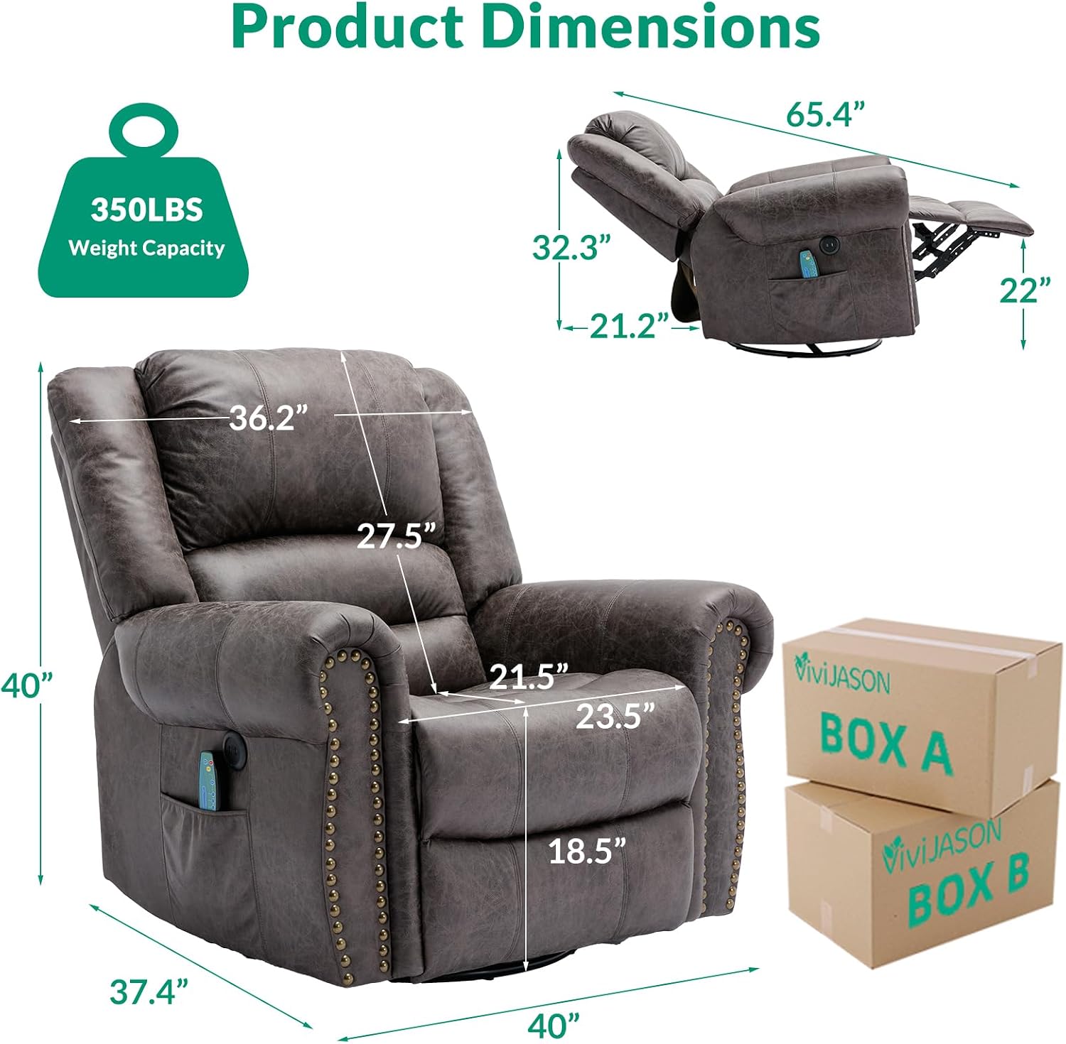 VIVIJASON Massage Swivel Rocker Recliner Chair with Heat & Vibration, 360° Swivel Manual Glider Rocking Reclining Chair with Remote Control, Side Pockets & USB Ports for Living Room, Smoky Gray