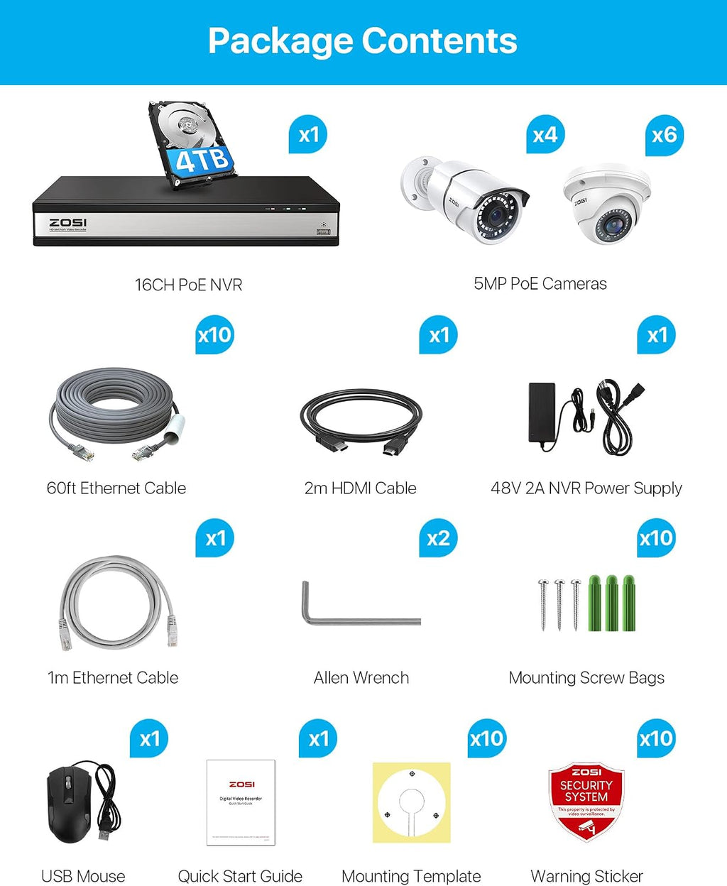 ZOSI 16CH 4K PoE Security Camera System with 4TB Hard Drive and 10pcs 5MP Outdoor Indoor PoE IP Surveillance Cameras,H.265+ 16 Channel 8MP NVR Recorder,120ft Night Vision,Remote Access,24/7 Recording