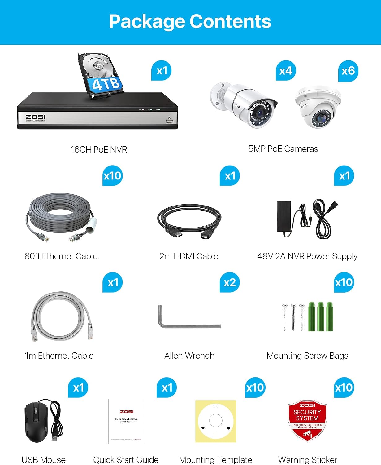 ZOSI 16CH 4K PoE Security Camera System with 4TB Hard Drive and 10pcs 5MP Outdoor Indoor PoE IP Surveillance Cameras,H.265+ 16 Channel 8MP NVR Recorder,120ft Night Vision,Remote Access,24/7 Recording