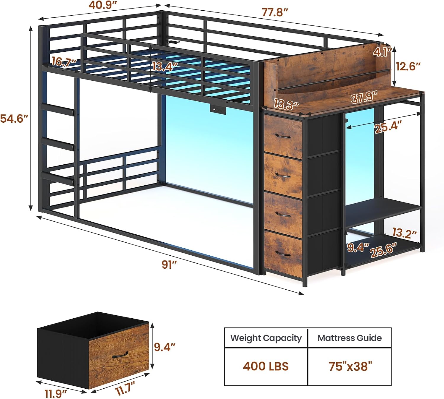 ADORNEVE Low Bunk Bed Twin Over Twin with Bookshelf, 4 Storage Drawers, Metal Kids Bunk Bed with Power Outlet & RGB Lights, Clothing Rack & Shelves, Safety Guardrail & Ladder, Black