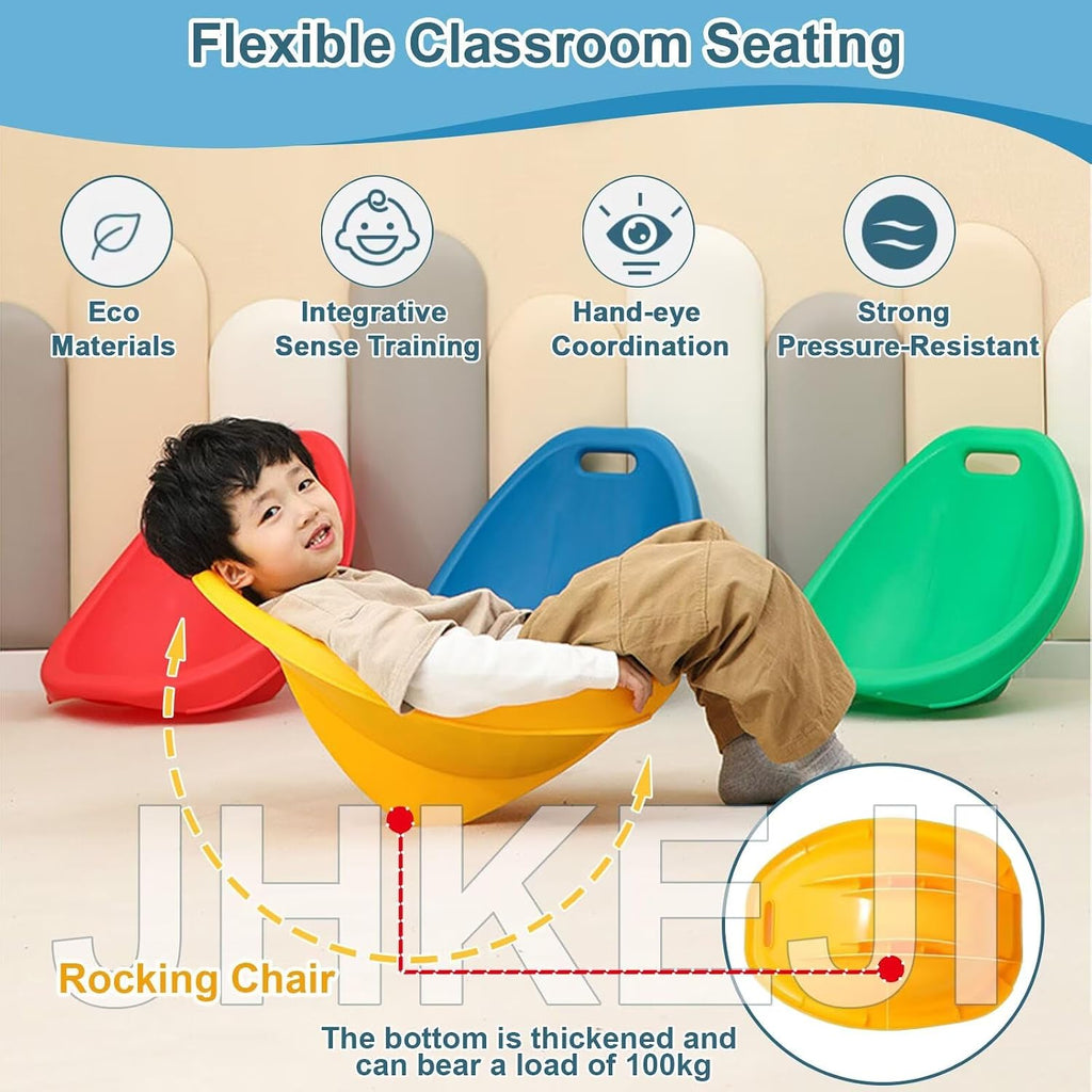 4 Packs Multicolor Scoop Rocker, Autism Sensory Rocking Chair, Fun Wobble Chairs for Classroom Elementary, Portable Floor Seating with Back Support, Plastic Reading Chair w/Handle for Indoor Outdoor