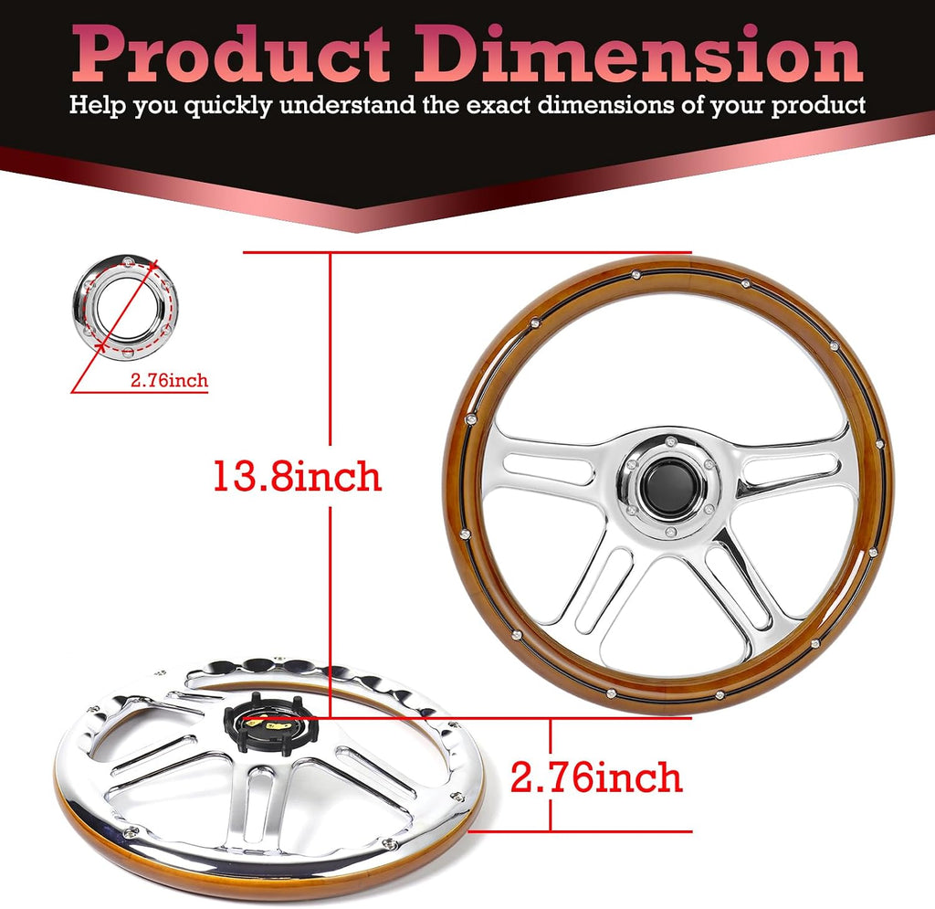 14inch Solid Wood Steering Wheel 350mm Deep Dish 70mm, 4-Spoke Chrome-Plated Aluminum Alloy, Universal 6-Bolt Steering Wheel for Classic Cars, Hot Rods, Muscle Car Vintage Car