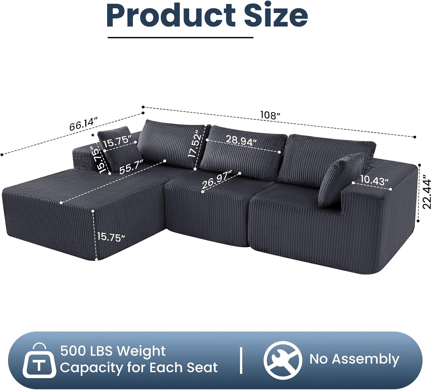 DUMOS 108' Boneless Couch, Cloud Sectional Couch with L-Shape Chaise, Modular Sectional Sofa with Deep Seat, Upholstered Couch for Living Room Bedroom, No Assembly Required, Grey, Left Facing Chaise