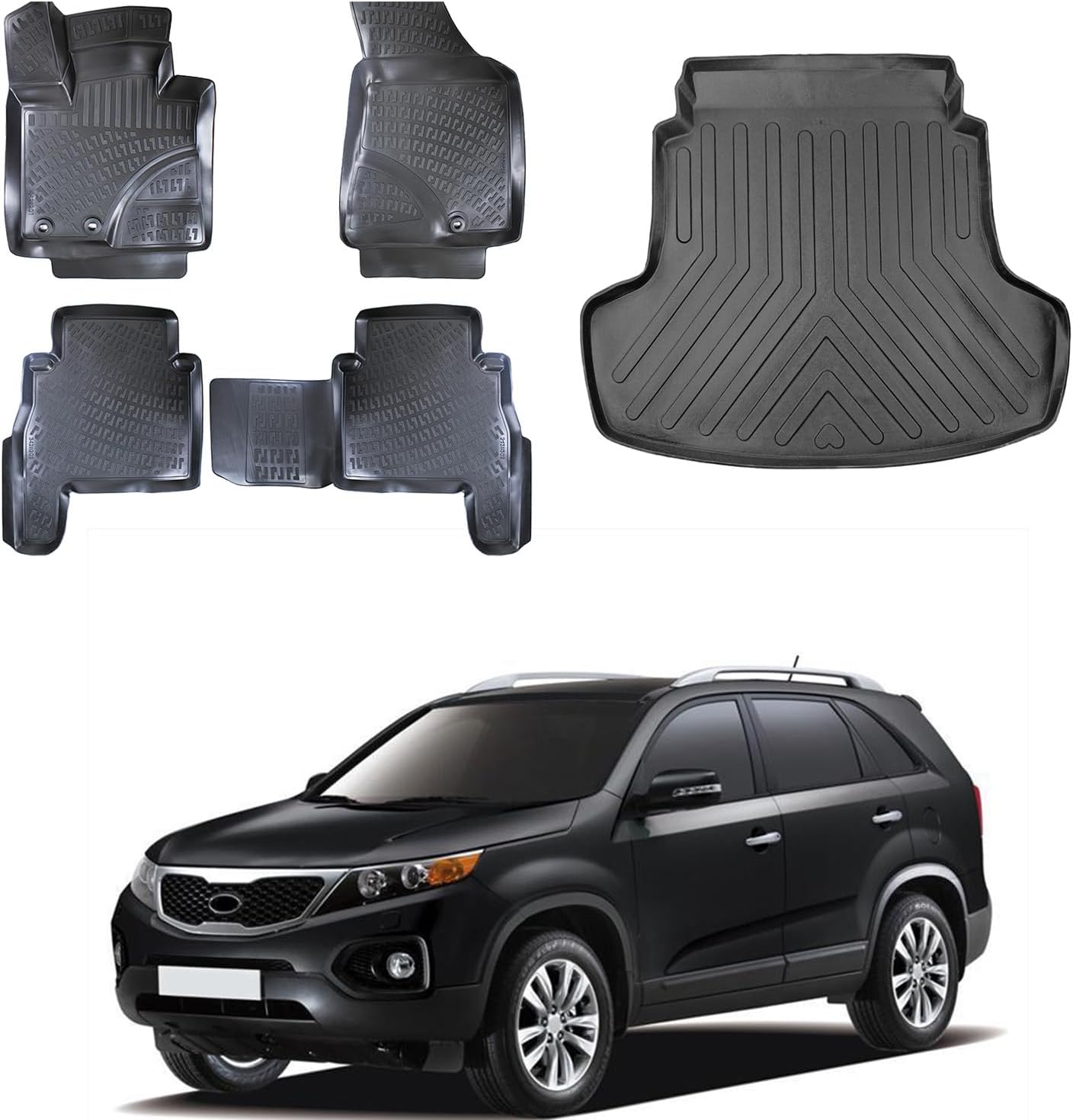 Floor Mats & Cargo Liner Set for Kia Sorento 2010-2015 | Black TPE All Weather Custom Fit Floor Liner for 1st 2nd Rows and Trunk Car Mats