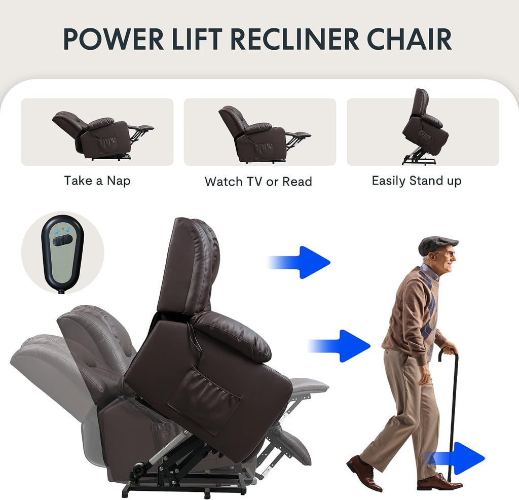 FLEXISPOT XL31 Power Lift Recliner Chair for Elderly, Electric Lift Chair with Massage & Heat, PU Leather Reclining Sofa w/Cup Holders for Living Room Bedroom, FSC Certified(Medium Size,Brown)