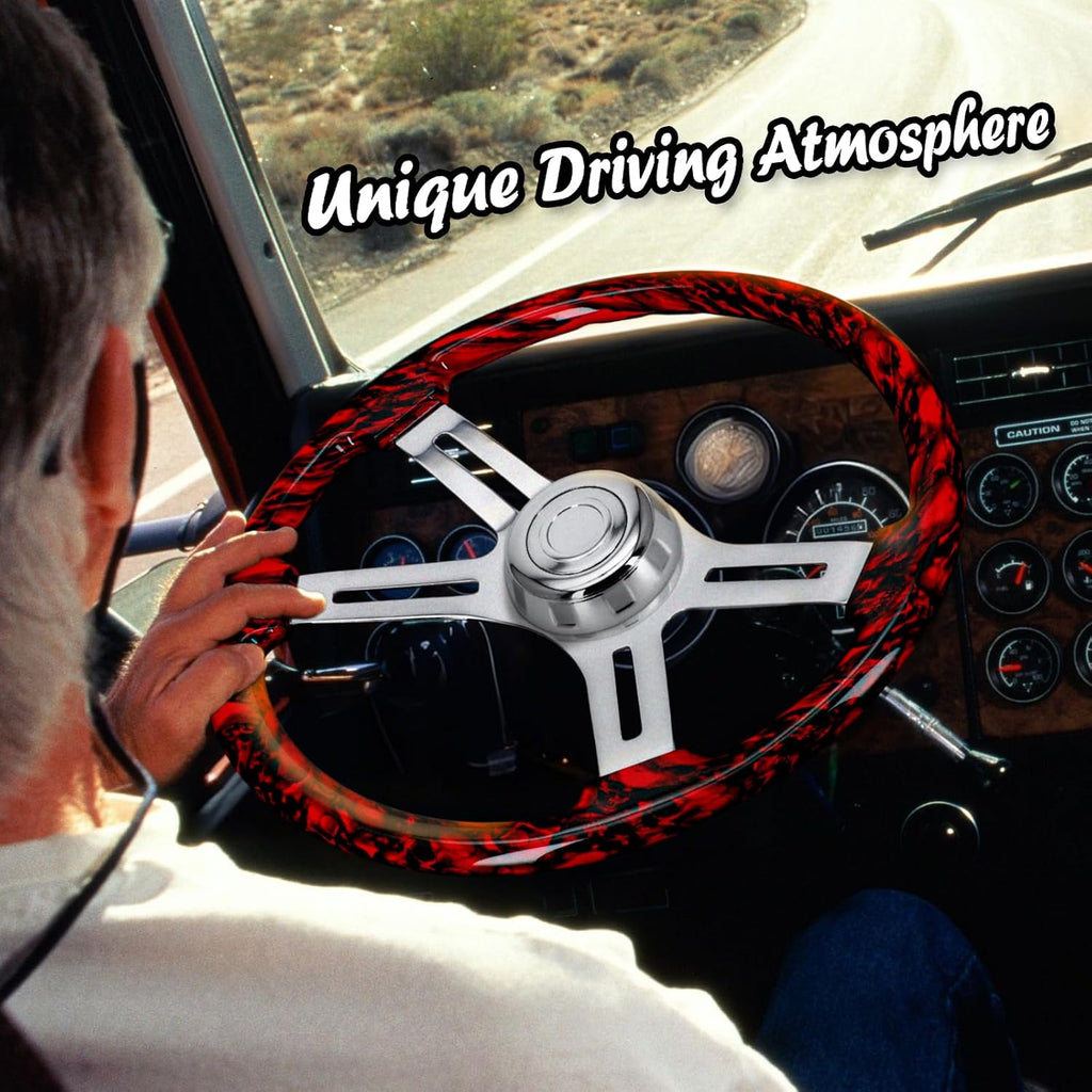 Sorghum 18' Solid Wood Steering Wheel - Hydrographic Red Skulls 4 Spokes Aluminum Chrome Steering Wheel with Horn Button for Trucks Compatible with Mack Kenworth Peterbilt Volvo Freightliner