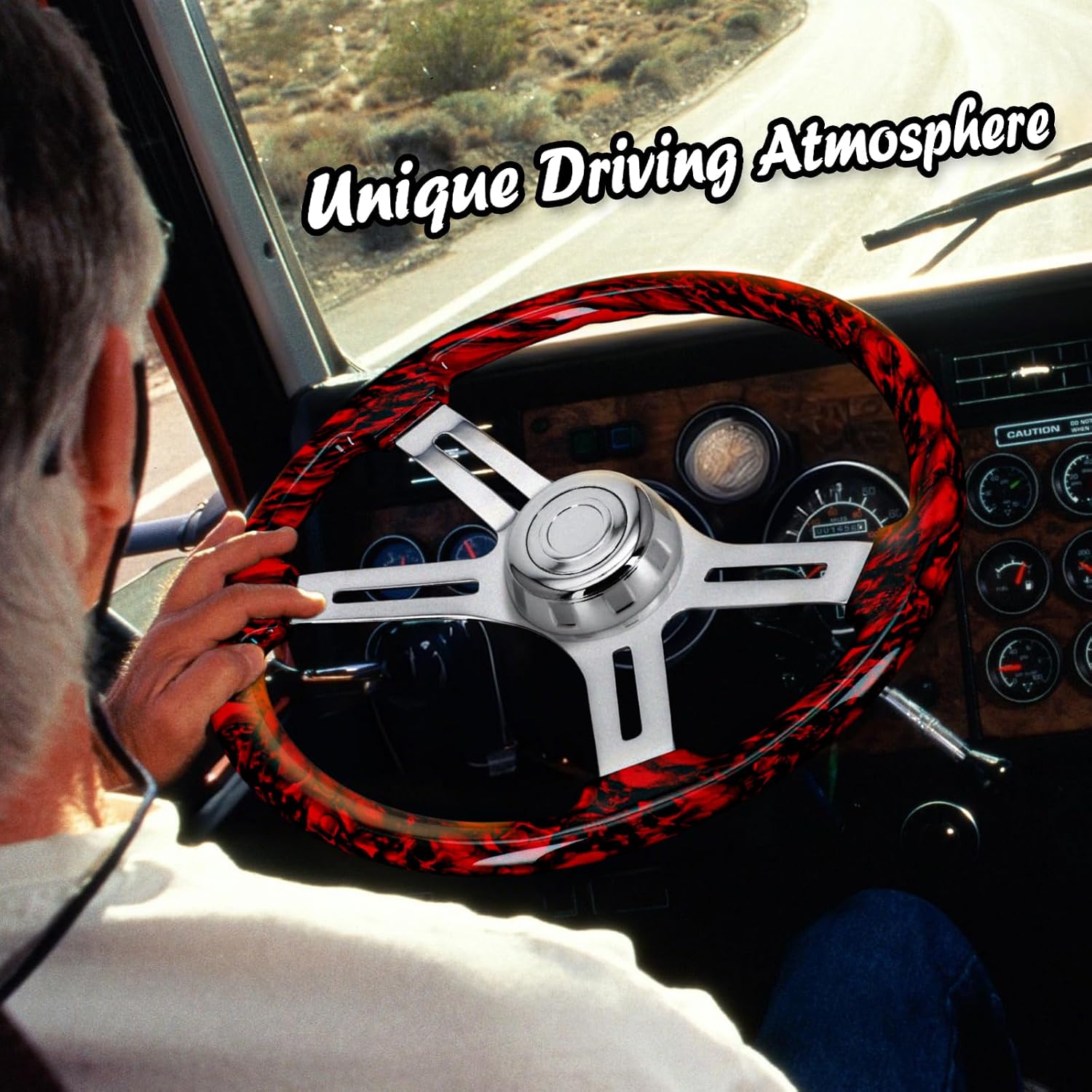 Sorghum 18' Solid Wood Steering Wheel - Hydrographic Red Skulls 4 Spokes Aluminum Chrome Steering Wheel with Horn Button for Trucks Compatible with Mack Kenworth Peterbilt Volvo Freightliner