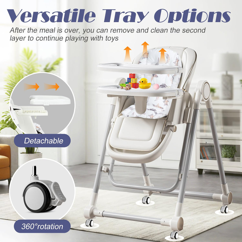 5 in 1 Baby High Chair Swing Combo - Foldable Baby High Chair with Removable Washable Soft Cushion and Tray, Adjustable Height & Recline, Lockable Wheels for 6-36 Months Infants Boys Girls