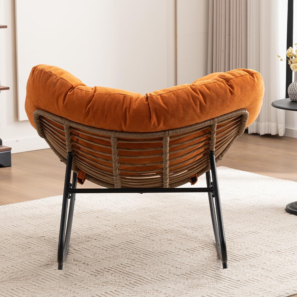 Outdoor Papasan Chair, Oversized Rocking Chair with Cushion and Metal Frame, Patio Lounge Rocking Chair for Balcony Backyard Porch Bedroom Living Room (Orange)