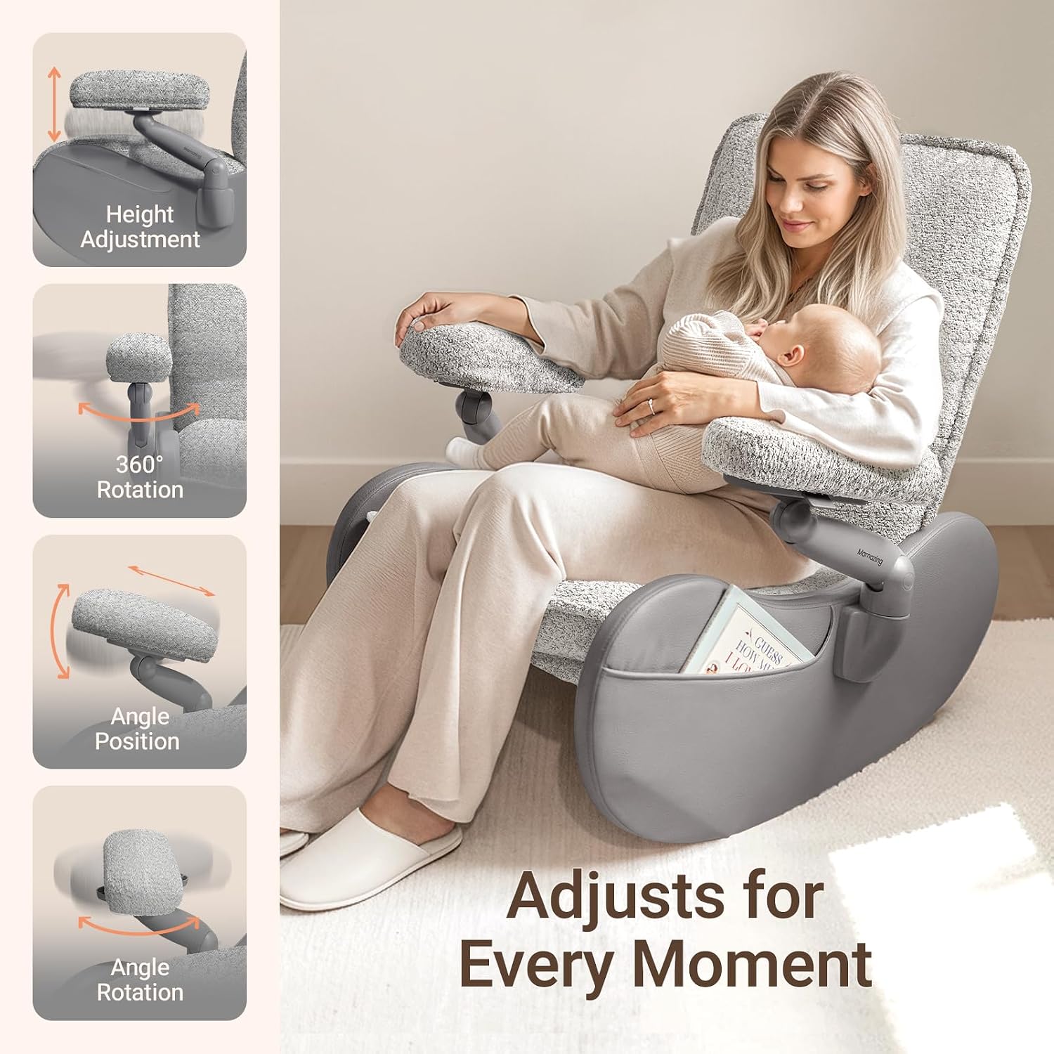 MAMAZING Lullabud Nursery Rocking Chair Glider with Ottoman for Breastfeeding, Upholstered Nursing Chair with Removable Cover, Reading Chair for Bedroom, Living Room(Grey/Grey)