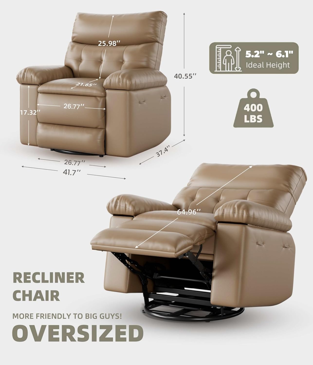 GarveeHome Oversized Power Rocker Swivel Recliner Chair - Heat and Massage, PU Leather Electric Glider Rocking Chair with USB Port, Glider Recliner Nursery Chair for Living Room, Bedroom, Nursery