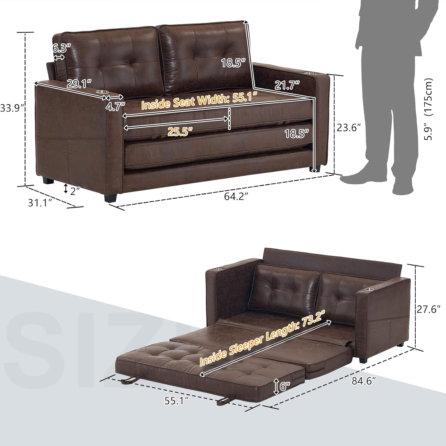 VINGLI Upgraded 64' W 84' L Full Size Futon Sofa Bed, 6' Thick Upholstery Rustic Microfiber Loveseat Sofa Sleeper Pull Out Couch,Convertible Floor Couch for Living Room, Bedroom, Entertainment Room