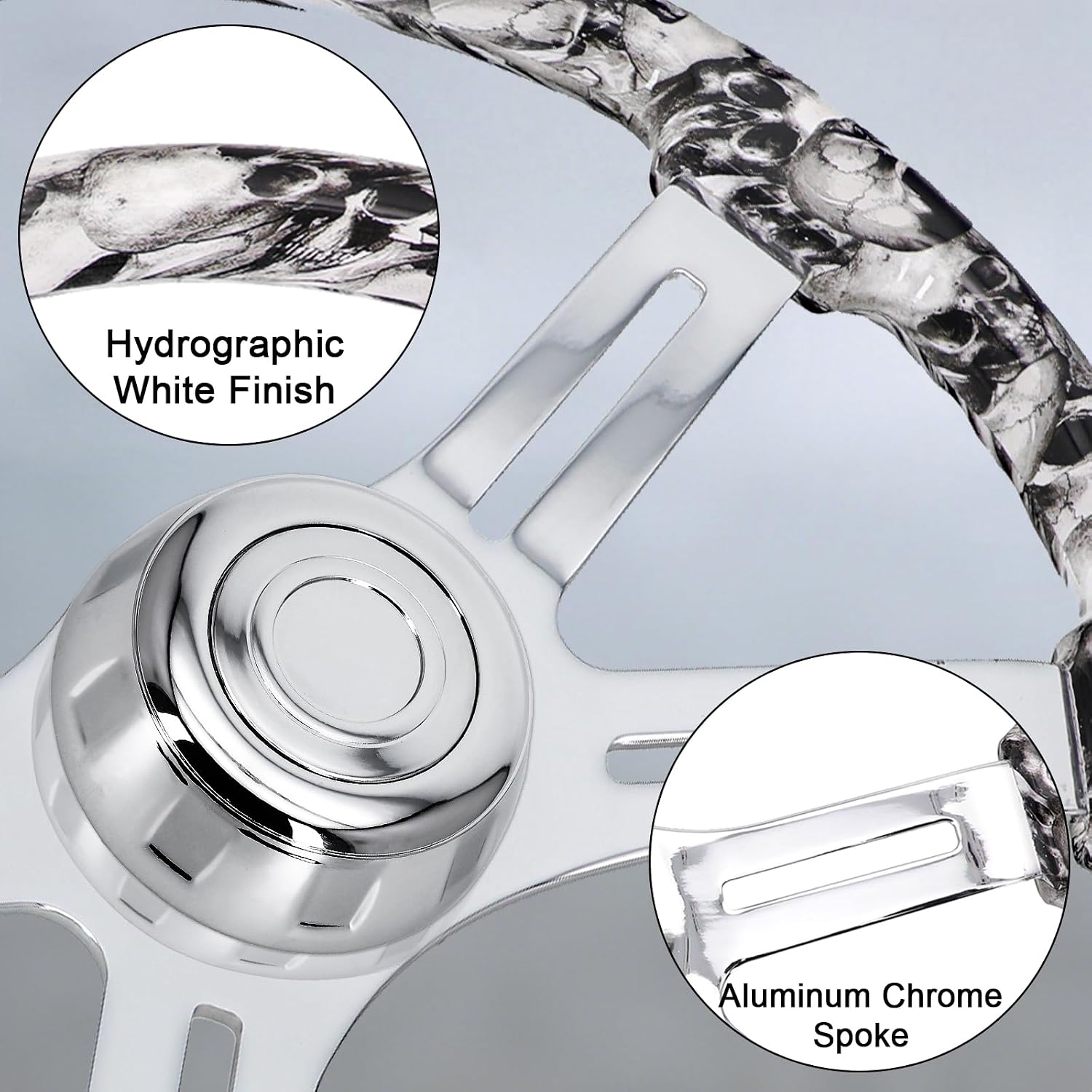 Sorghum 18' Solid Wood Steering Wheel - Hydrographic White Skulls 4 Spokes Aluminum Chrome Steering Wheel with Horn Button for Trucks Compatible with Mack Kenworth Peterbilt Volvo Freightliner