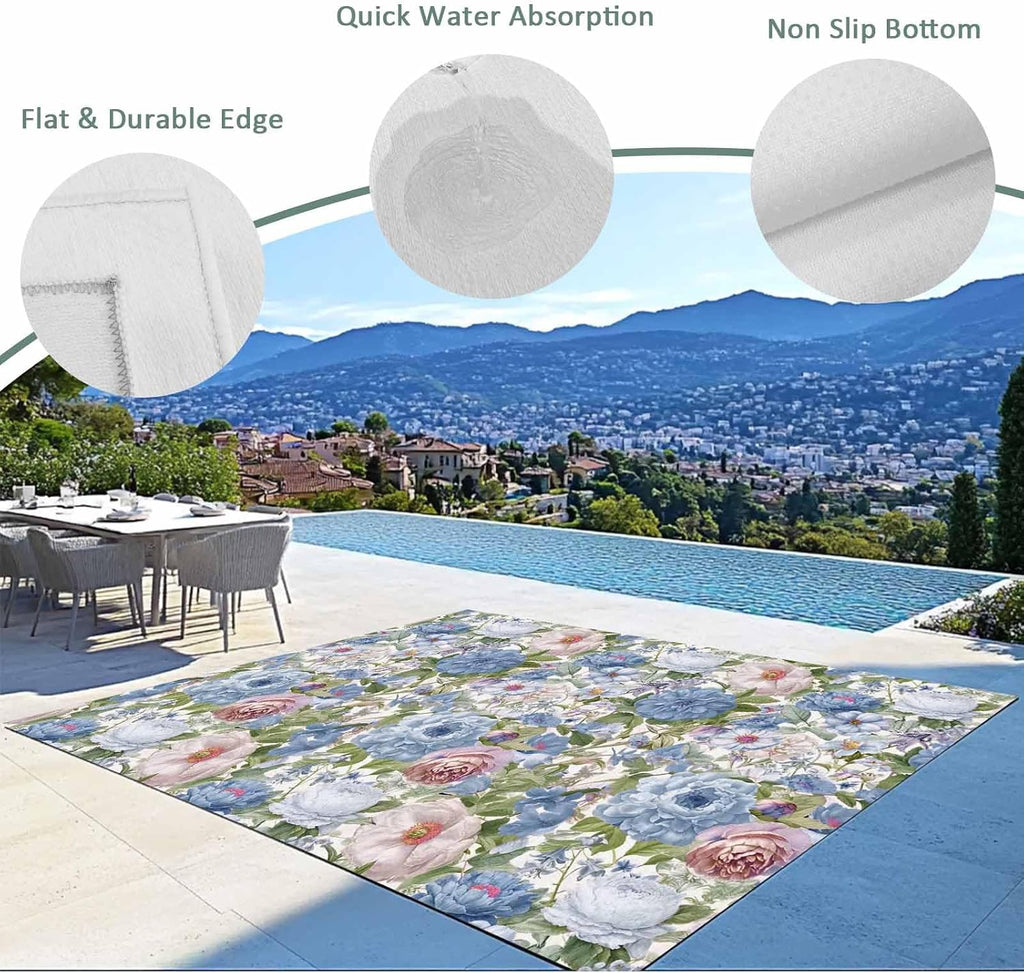 Blue Pink Spring Floral Outdoor Rug for Patio/Deck/Porch, Non-Slip Large Area Rug 5 x 8 Ft, Vintage Summer Botanical Indoor Outdoor Rugs Washable Area Rugs, Reversible Camping Rug Carpet Runner