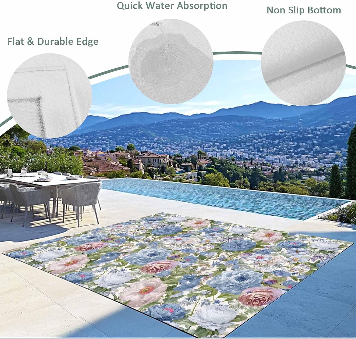 Blue Pink Spring Floral Outdoor Rug for Patio/Deck/Porch, Non-Slip Large Area Rug 5 x 8 Ft, Vintage Summer Botanical Indoor Outdoor Rugs Washable Area Rugs, Reversible Camping Rug Carpet Runner