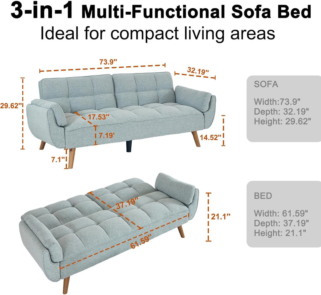73.9' Futon Couch Bed for Office& Apartment, Convertible Futon Sofa Bed, Comfy Love Seat Sleeper with Adjustable Backrest, Small Couches for Small Spaces, Living Room, Bedroom (Light Grey)