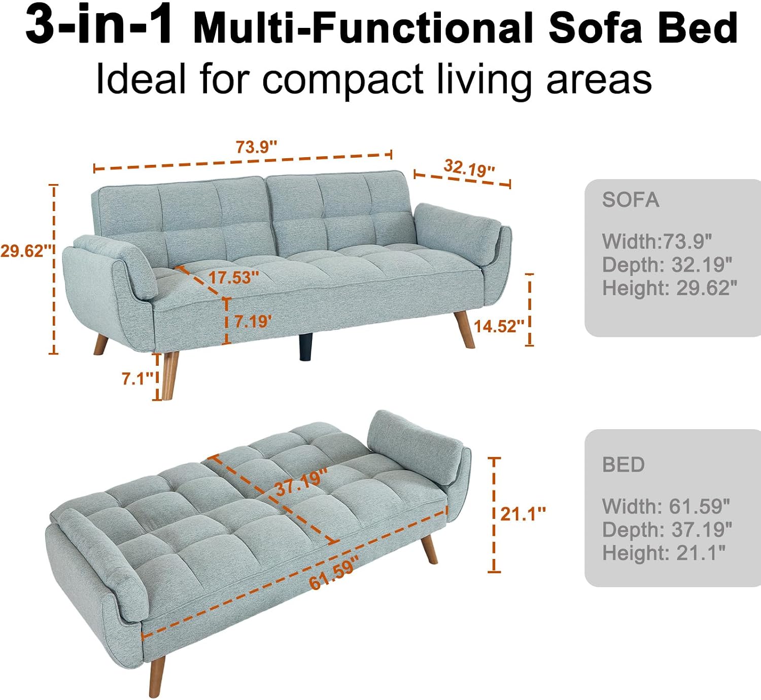 73.9' Futon Couch Bed for Office& Apartment, Convertible Futon Sofa Bed, Comfy Love Seat Sleeper with Adjustable Backrest, Small Couches for Small Spaces, Living Room, Bedroom (Light Grey)