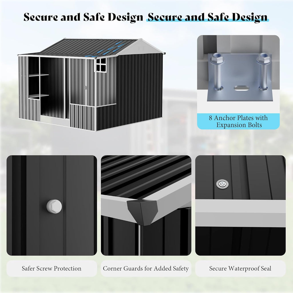 VanAcc 9x9x7 FT Metal Storage Shed, Dual-Zone Tool Shed with Work Area, Reinforced Frame, Gable Roof, Ventilated Design, Dark Grey