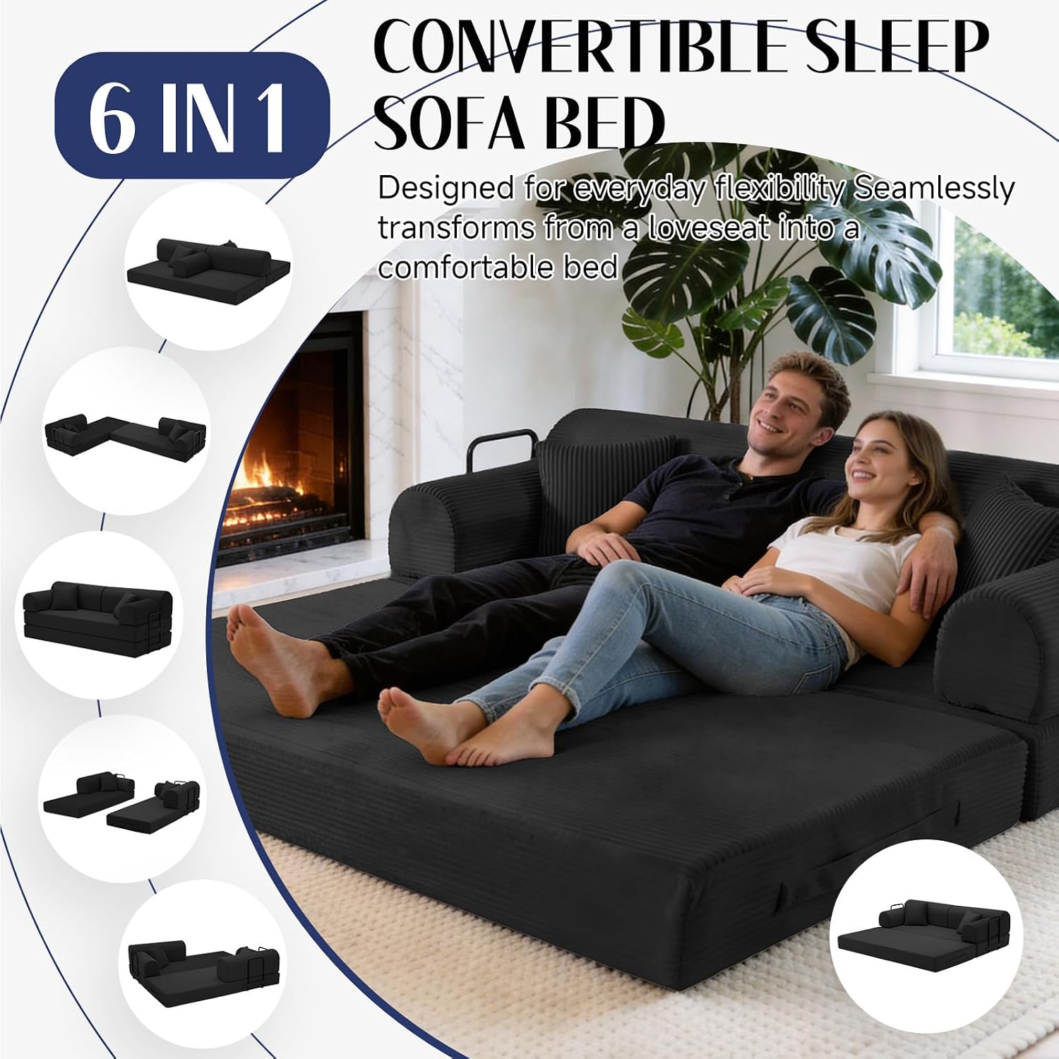 79'' Convertible Sofa Bed, 6 in 1 Folding Floor Futon Couch Sleeper with Fixed Frame, Corduroy Modular Sofa Bed with Removable Armrests & Pillows, No Assembly for Living Room Bedroom (Black)
