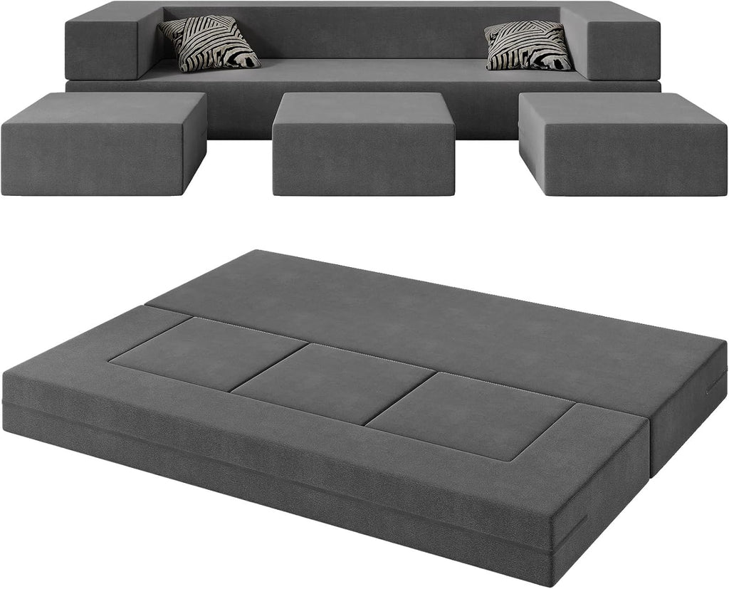 80'' Folding Bed Couch, Foam Floor Sofa with 3Ottomans& Washable Velvet Cover,Modular Sectional Sofa Futon Sleeper Convertible Memory Mattress for Guest/Living Room/Playroom,Queen,Deep Grey
