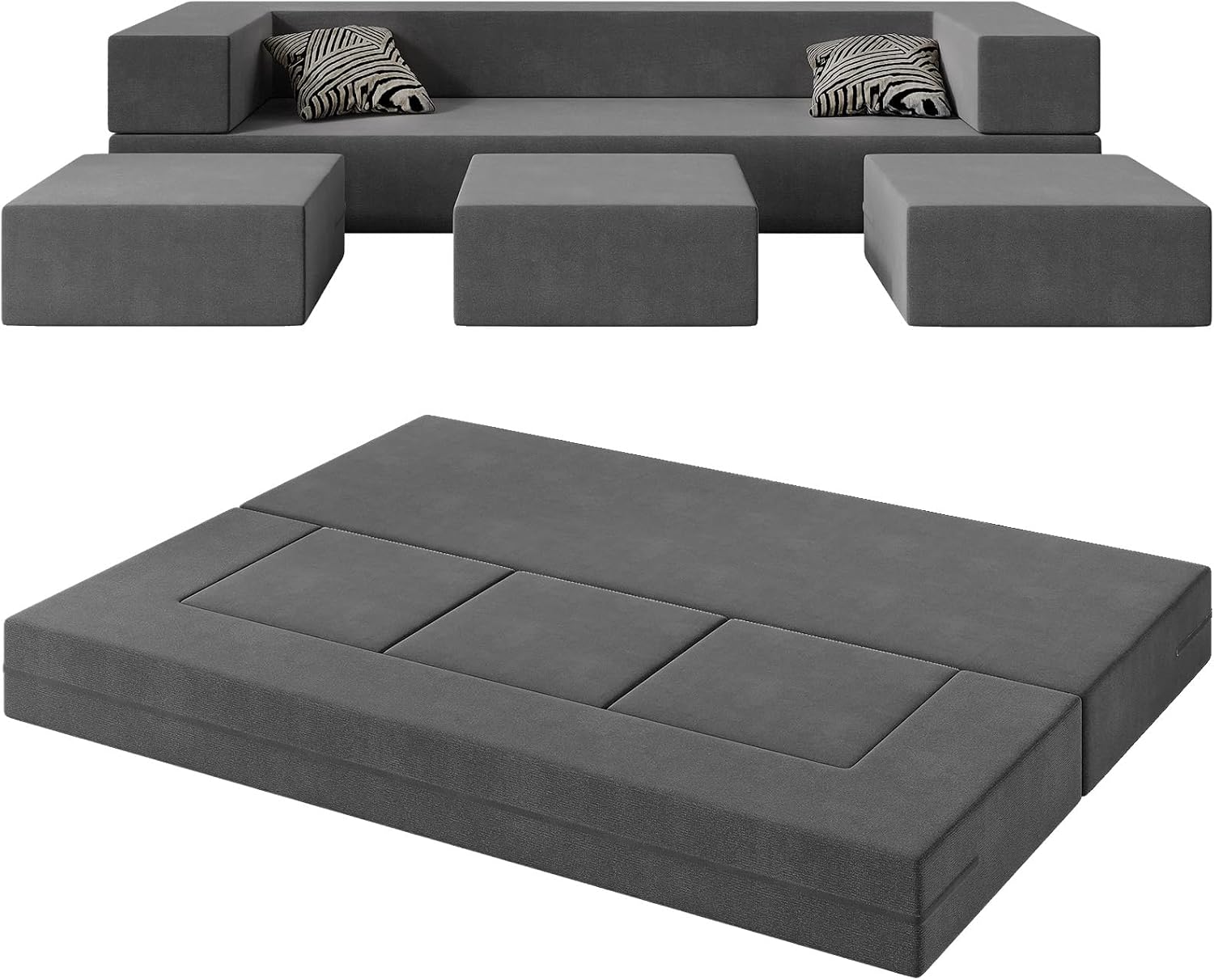 80'' Folding Bed Couch, Foam Floor Sofa with 3Ottomans& Washable Velvet Cover,Modular Sectional Sofa Futon Sleeper Convertible Memory Mattress for Guest/Living Room/Playroom,Queen,Deep Grey