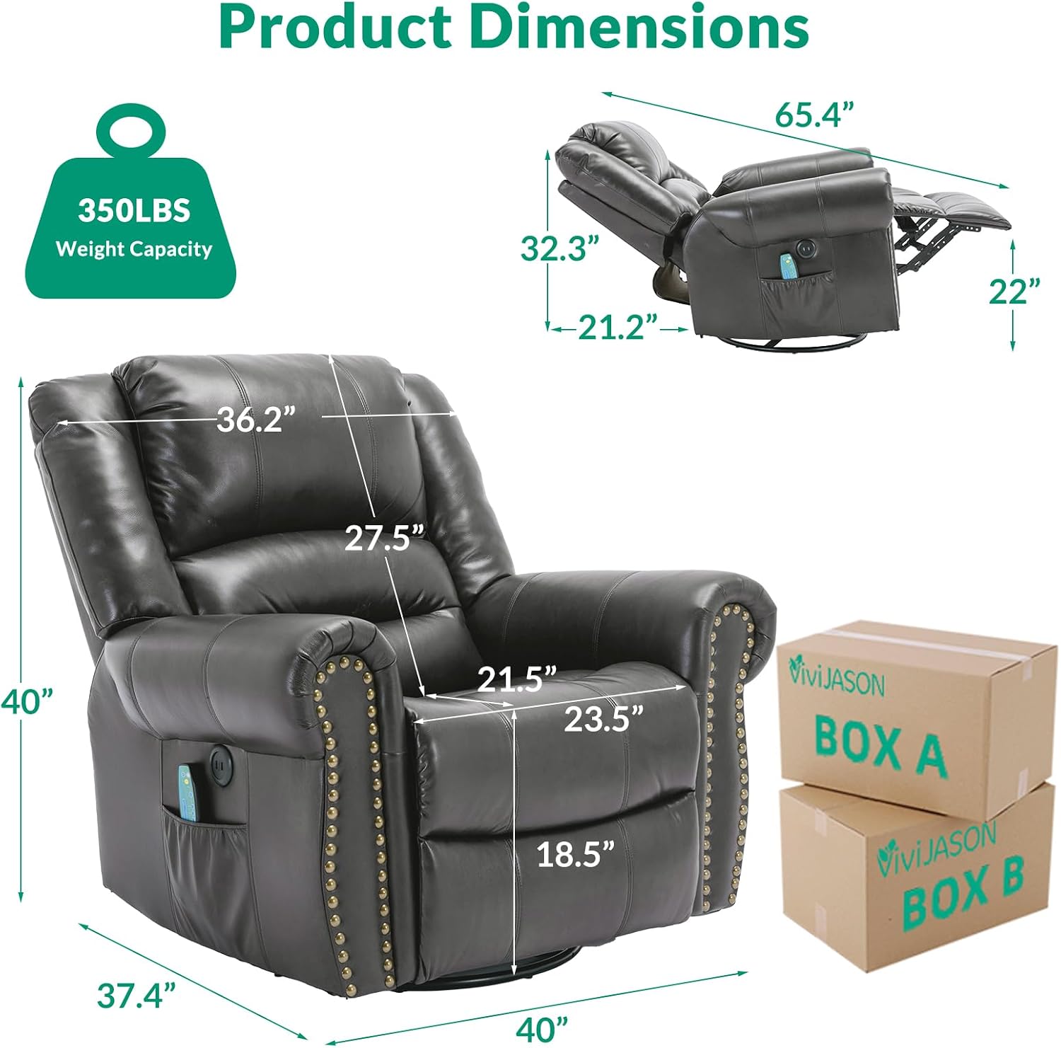 VIVIJASON Massage Swivel Rocker Recliner Chair with Heat & Vibration, 360° Swivel Manual Glider Rocking Reclining Chair with Remote Control, Side Pockets & USB Ports for Living Room, Gray