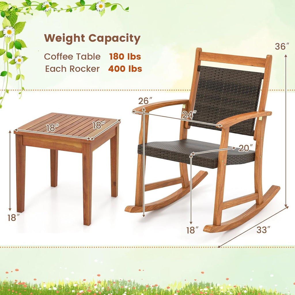Tangkula 3 Pieces Patio Rocking Chair Set, Patiojoy Acacia Wood Rocker with Side Table, Outdoor Chairs with Wicker Rattan Seat & Backrest, Patio Bistro Set for Garden, Backyard, Poolside