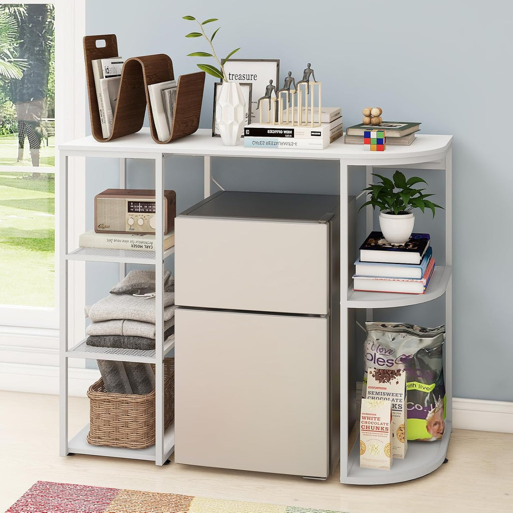 PUNCIA Mini Fridge Stand with Power Outlet, Coffee Bar Cabinet with Refrigerator Space, Microwave Oven Stand & Utility Storage Shelf for Kitchen, Dorm, Apartment & Break Room (White)