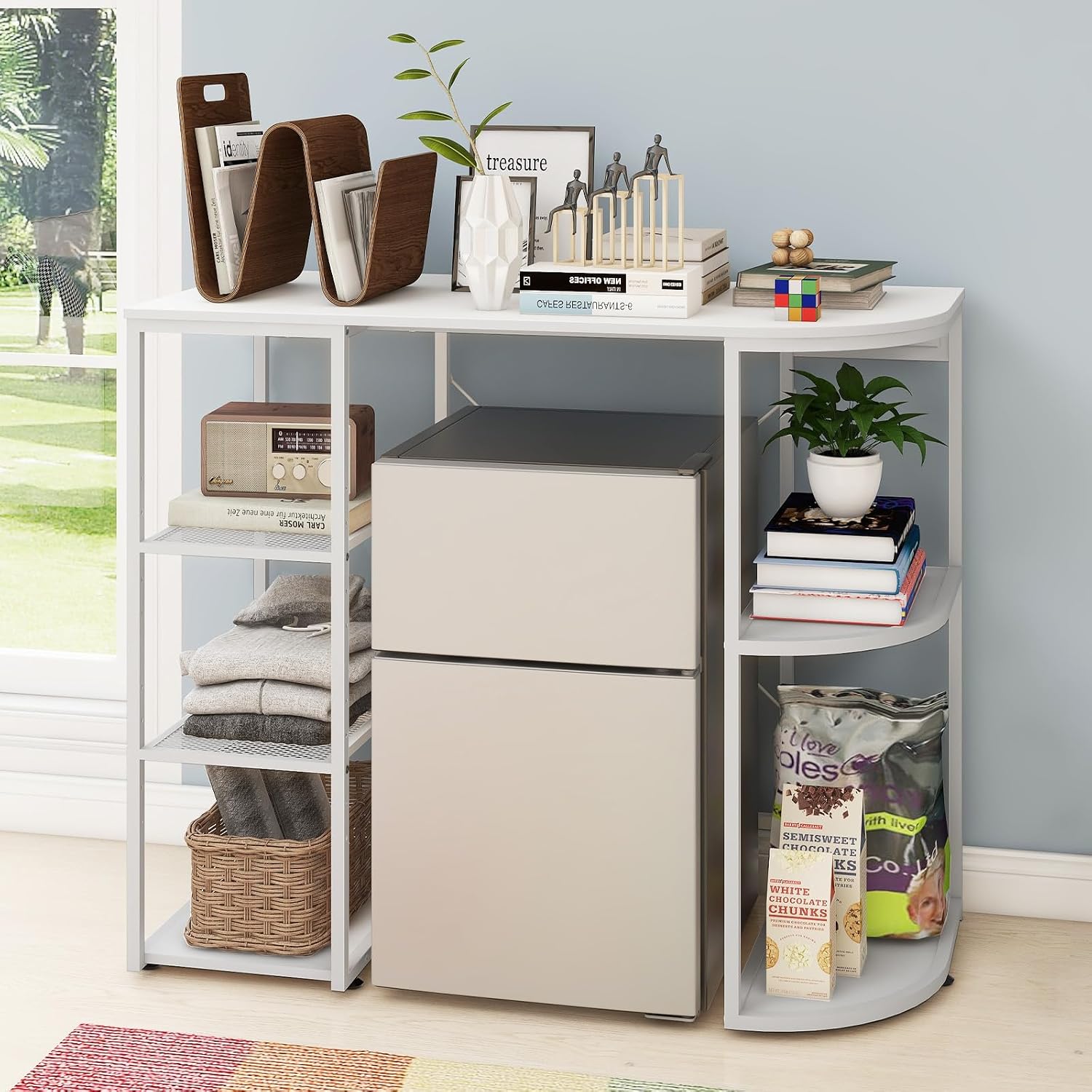 PUNCIA Mini Fridge Stand with Power Outlet, Coffee Bar Cabinet with Refrigerator Space, Microwave Oven Stand & Utility Storage Shelf for Kitchen, Dorm, Apartment & Break Room (White)