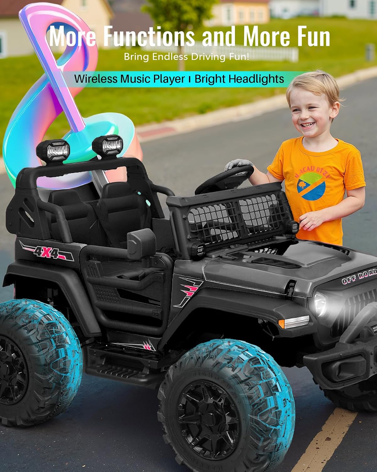 Blitzshark 24V MAX Ride-on Truck 2 Seater 4WD Kids Electric Vehicle 4x4 XXL Battery Powered Car, with 480W Ultra Powerful Motor, 7AH Battery, Remote Control, Full-Metal Suspension& DIY Sticker, Black