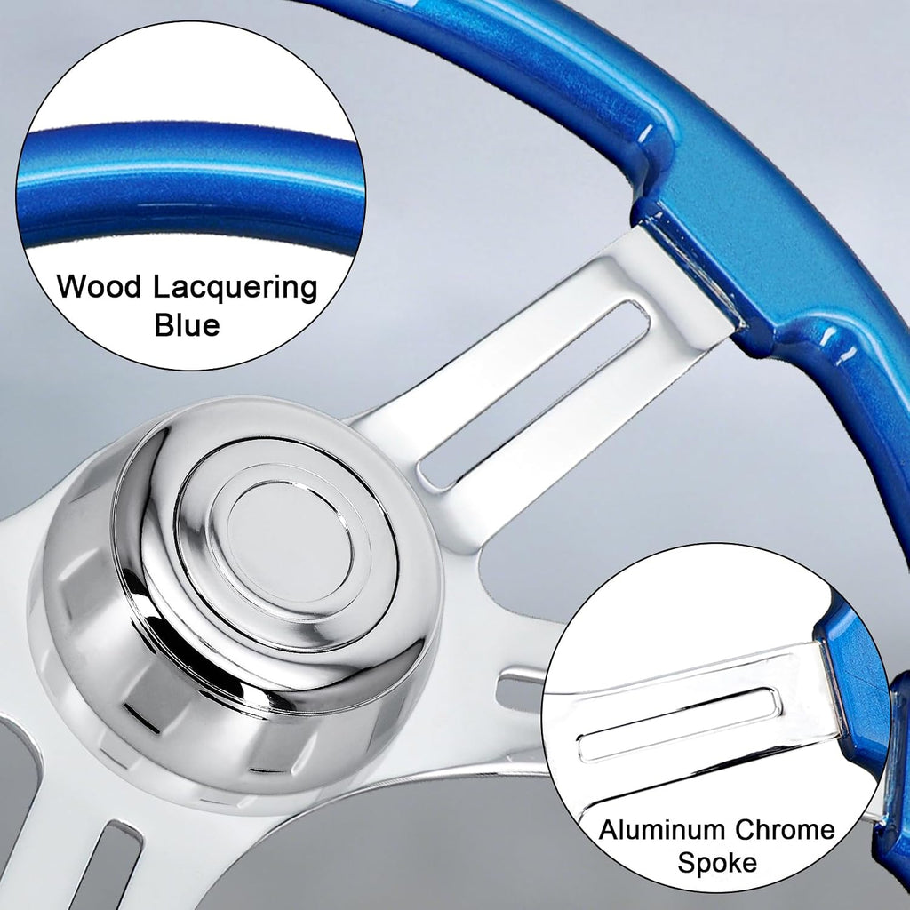 Sorghum 18' Solid Wood Steering Wheel - 4 Spokes Aluminum Chrome Classic Steering Wheel with Horn Button for Semi-Trailers Trucks Compatible with Mack Kenworth Peterbilt Volvo Freightliner-Blue
