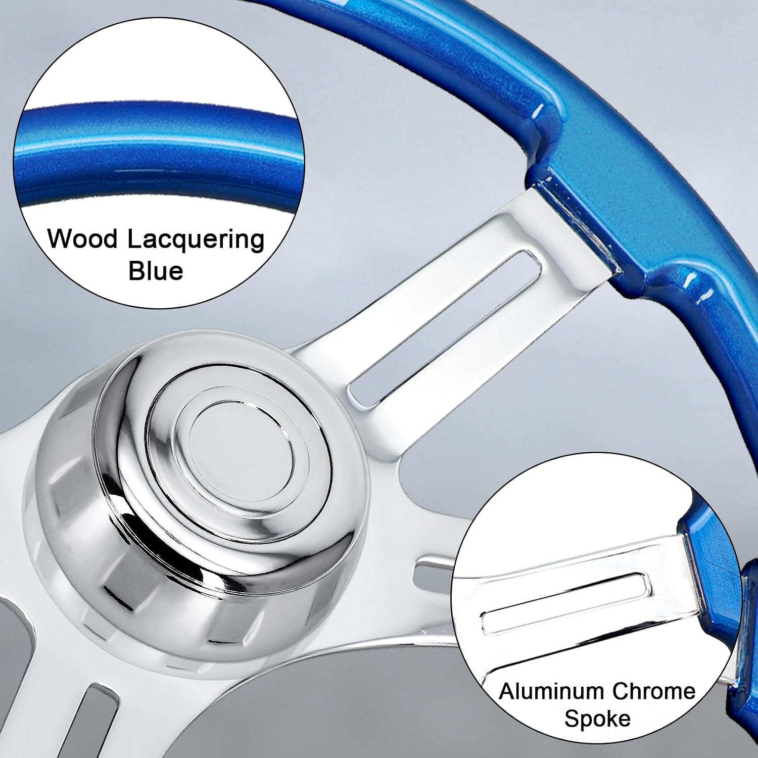 Sorghum 18' Solid Wood Steering Wheel - 4 Spokes Aluminum Chrome Classic Steering Wheel with Horn Button for Semi-Trailers Trucks Compatible with Mack Kenworth Peterbilt Volvo Freightliner-Blue