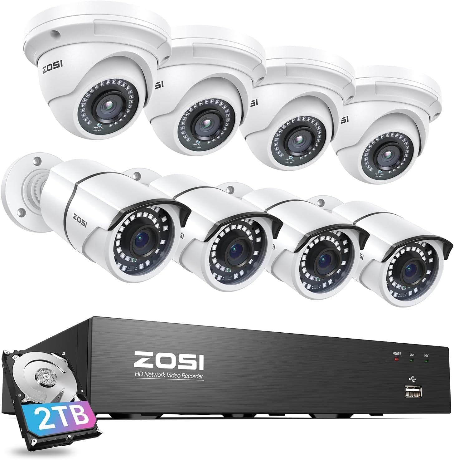 ZOSI 4K PoE Home Security Camera System, 8pcs 5MP Wired Outdoor Indoor Surveillance IP Metal Cameras, Night Vision, Person Vehicle Detection, 8 Channel 8MP NVR with 2TB Hard Drive for 24/7 Recording