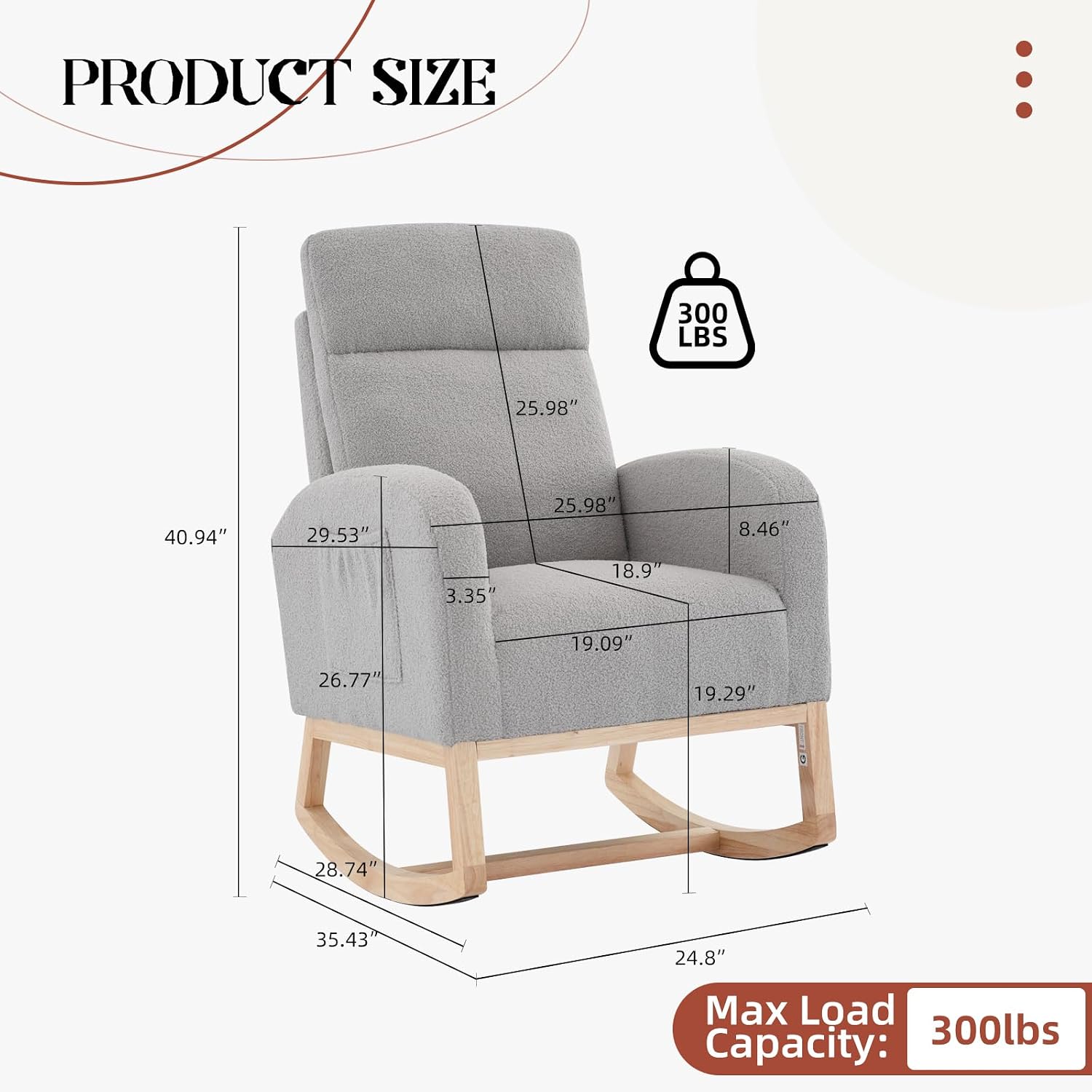 Nursery Glider and Rocker Chair, Upholstered High Back Rocking Chair with Side Pockets, 300 lbs Capacity Plush Teddy Fabric Accent Armchair for Living Room, Bedroom, Nursery (Light Grey)