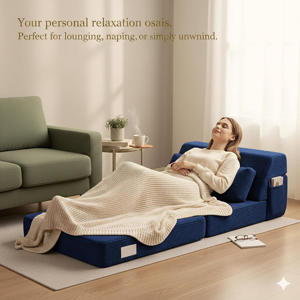 Folding Sofa Bed with Pillow, Convertible Sleeper Chair, Comfy Floor Futon Couch Mattress Lounge Sofa for Adults Portable Fold Out Chair Bed for Living Room Bedroom, Single, Navy Blue