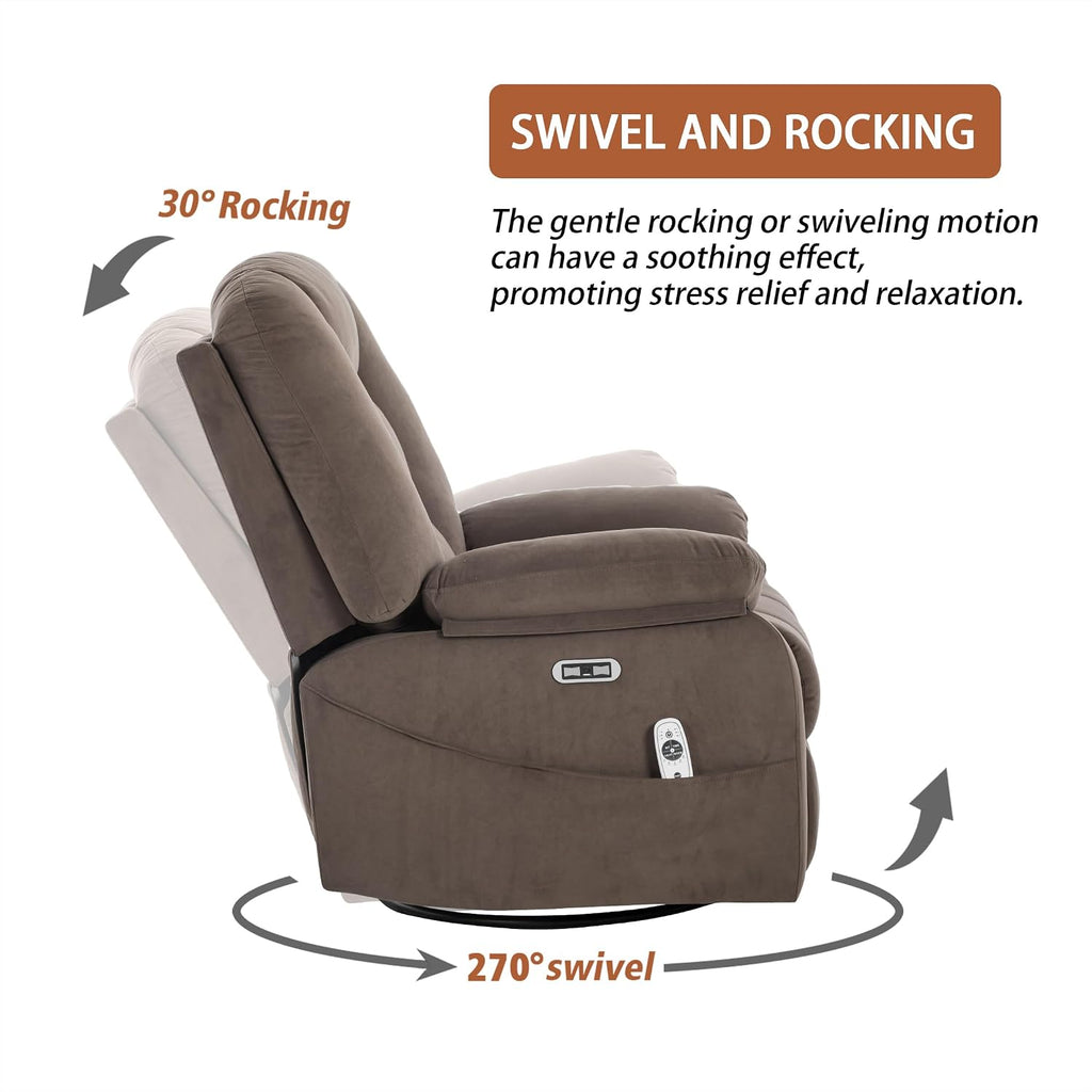 Ketaiyou Power Swivel Rocker Recliner with Massage and Heat, USB and Type-C Port, Infinite Position, Electric Glider Rocking Chairs Living Room, Soft Fabric Reclining Sofa Chair (Velvet Brown)