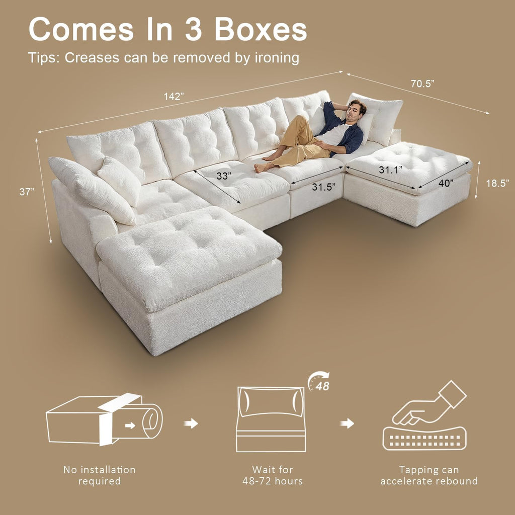 142' Cloud Sectional Couches U-Shaped Modular Boneless Chenille Sofa Couches with Deep Seat Ottoman and Side Pockets, Module Combination for Living Room 4 Seater
