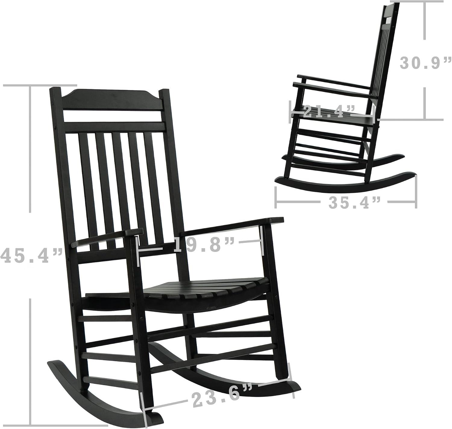 Kozyard Wooden Rocking Chair, Solid Wood Outdoor Rocker Chair with High Back & Slatted Seat, Ergonomic Porch Rocking Chair for Patio, Balcony, Garden, Indoor Outdoor Use (Black)